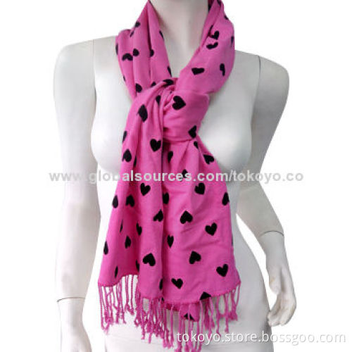 Cotton scarf with pink plain dye and heart flocking,160*35+8cm tassels size